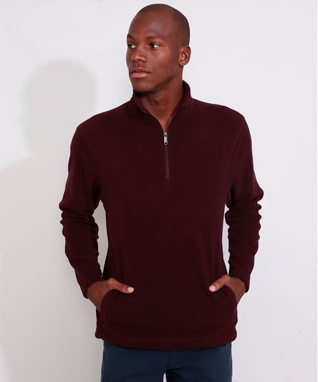 Blusa-de-Fleece-Masculina-Basica-com-Bolsos-e-Meio-Ziper-Gola-Alta-Vinho-9783389-Vinho_1