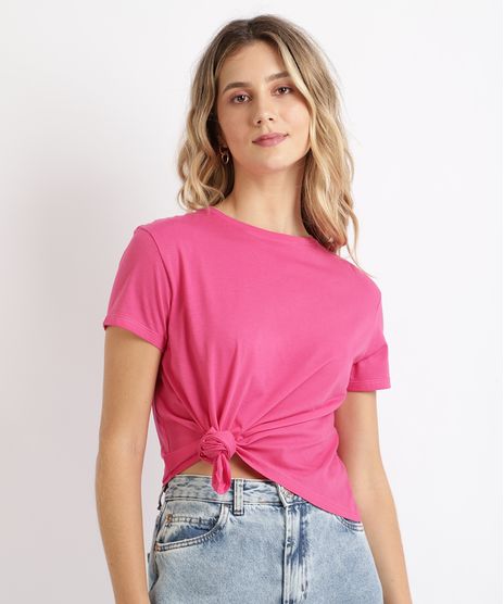 Blusa-Feminina-Basica-com-No-Manga-Curta-Decote-Redondo-Rosa-Escuro-9883921-Rosa_Escuro_1_1