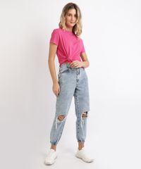 Blusa-Feminina-Basica-com-No-Manga-Curta-Decote-Redondo-Rosa-Escuro-9883921-Rosa_Escuro_1_3