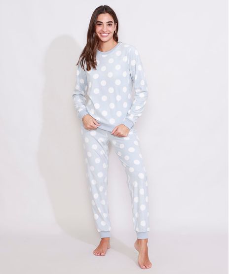Pijama-de-Fleece-Feminino-Manga-Longa-Estampado-de-Poa-Cinza-9974703-Cinza_1
