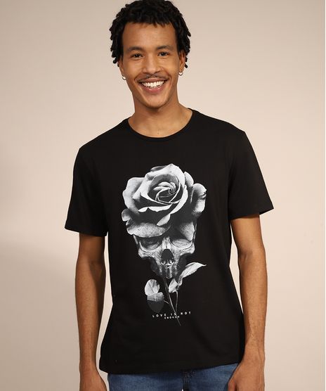 Camiseta-Masculina-Manga-Curta-Caveira-com-Rosa-Gola-Careca-Preta-9981620-Preto_1