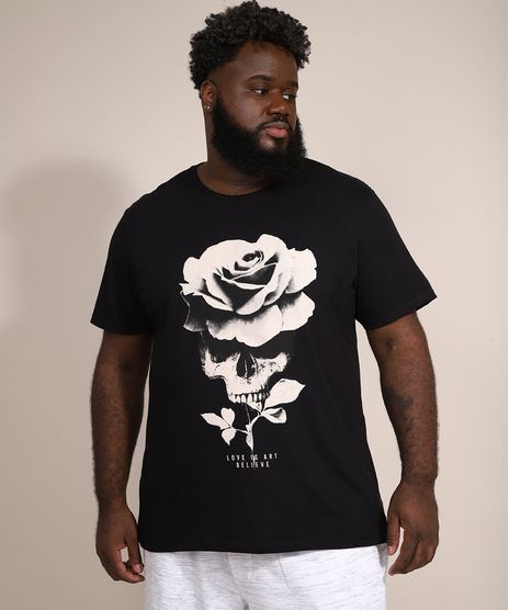 Camiseta-Masculina-Plus-Size-Manga-Curta-Caveira-e-Rosa-Gola-Careca-Preta-9990444-Preto_1