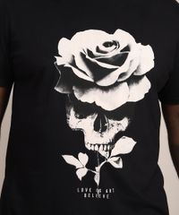 Camiseta-Masculina-Plus-Size-Manga-Curta-Caveira-e-Rosa-Gola-Careca-Preta-9990444-Preto_2
