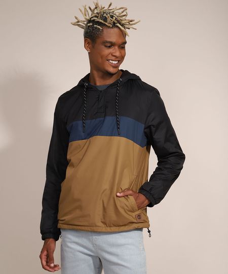 Jaqueta-de-Nylon-Masculina-com-Meio-Ziper-Capuz-e-Bolsos-Preta-9973351-Preto_1
