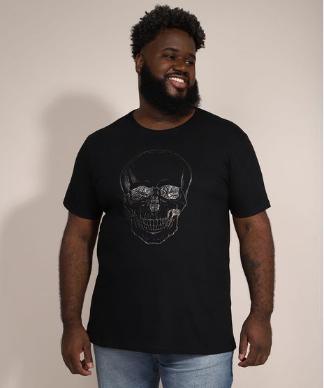 Camiseta-Masculina-Plus-Size-Slim-Manga-Curta-Caveira-Metalizada-com-Relevo-Gola-Careca-Preta-9984079-Preto_1