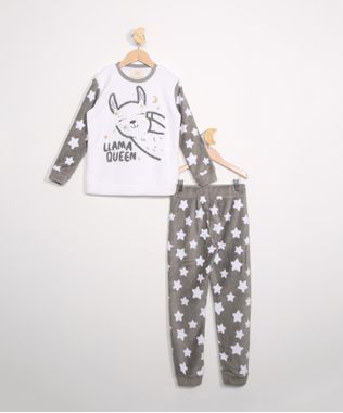 Pijama-de-Plush-Infantil-Manga-Longa-com-Lhama-e-Estrelas-Cinza-9972651-Cinza_1
