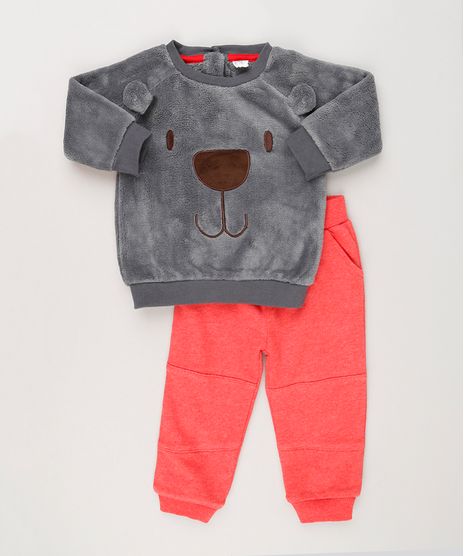 Conjunto-Infantil-Blusao-Urso-em-Fleece-Cinza---Calca-em-Moletom-em-Algodao---Sustentavel-Vermelha-8946779-Vermelho_1