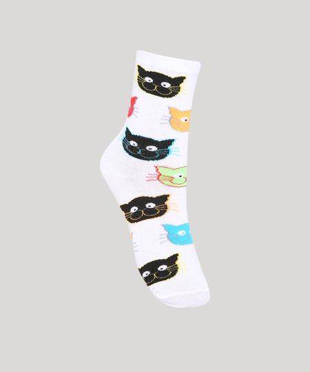 Meia-Feminina-Cano-Alto-Estampada-de-Gatinhos-Branca-9979458-Branco_1