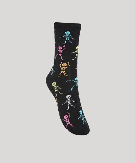 Meia-Feminina-Cano-Alto-Estampada-de-Esqueletos-Preta-9983296-Preto_1