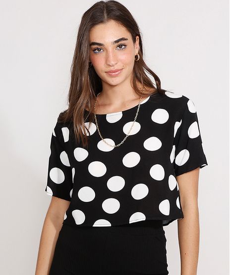 Blusa-Cropped-de-Viscose-Estampada-de-Poa-Manga-Curta-Decote-Redondo-Preta-9986495-Preto_1