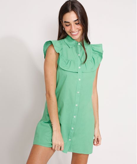 Vestido-Chemise-de-Algodao-com-Babado-Curto-Sem-Manga-Verde-Claro-9982213-Verde_Claro_1