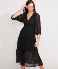 Vestido-Texturizado-de-Poa-com-Recortes-Midi-Manga-Bufante-Preto-9977215-Preto_1