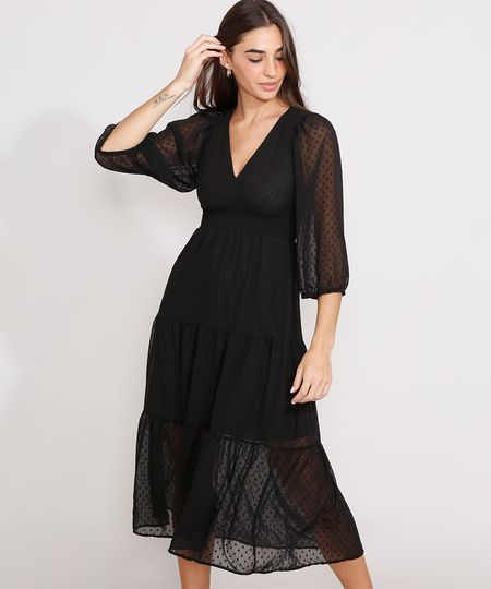Vestido-Texturizado-de-Poa-com-Recortes-Midi-Manga-Bufante-Preto-9977215-Preto_1