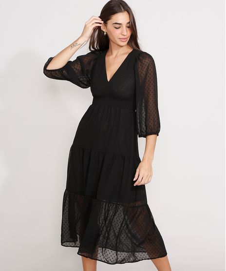 Vestido-Texturizado-de-Poa-com-Recortes-Midi-Manga-Bufante-Preto-9977215-Preto_1