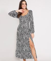 Vestido-de-Viscose-Estampado-Animal-Print-Zebra-com-Fenda-Midi-Manga-Bufante-Preto-9987752-Preto_1