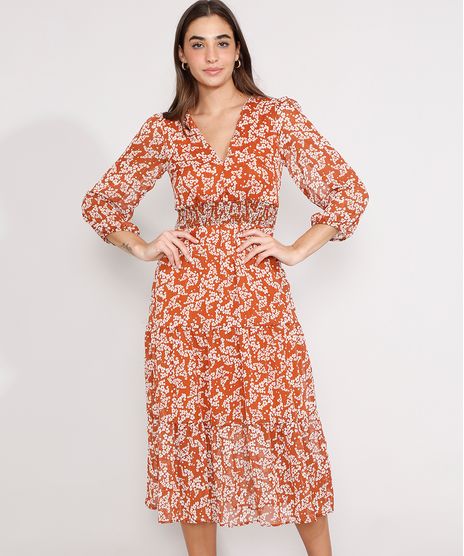 Vestido-Estampado-Floral-com-Lurex-e-Recortes-Midi-Manga-Bufante-Caramelo-9990774-Caramelo_1