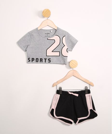 Conjunto-Infantil-de-Blusa-Manga-Curta-Cropped--Sports--Cinza-Mescla---Short-Running-Preto-9979205-Preto_1