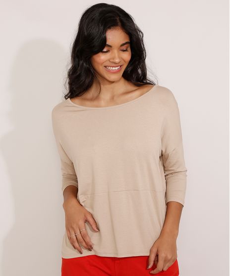 Blusa-Ampla-Basica-com-Recorte-Manga-7-8-Decote-Redondo-Kaki-9984840-Kaki_1