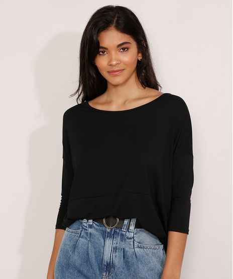 Blusa-Ampla-Basica-com-Recorte-Manga-7-8-Decote-Redondo-Preta-9984840-Preto_1