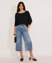 Blusa-Ampla-Basica-com-Recorte-Manga-7-8-Decote-Redondo-Preta-9984840-Preto_3