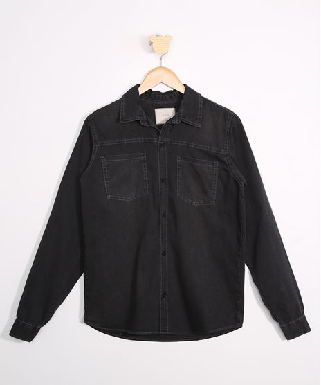 Camisa-Juvenil-Jeans-com-Bolsos-Manga-Longa-Preta-9946138-Preto_1
