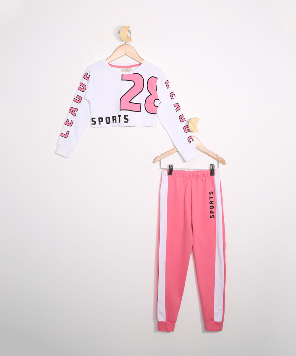 Conjunto Infantil de Moletom Blusa Manga Longa Off White + Calça Jogger com Recorte Rosa