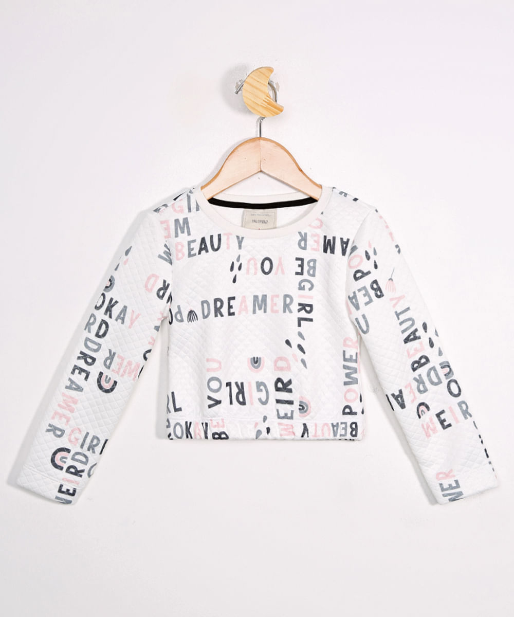 Blusa Infantil Cropped Estampada Manga Longa Off White