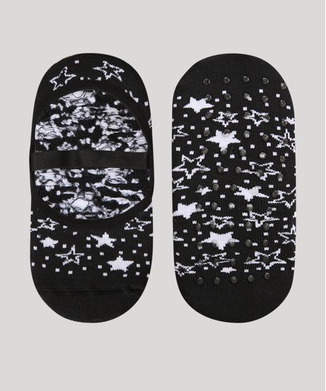 Meia-Feminina-Sapatilha-Estampada-de-Estrelas-Antiderrapante-Preta-9984661-Preto_1