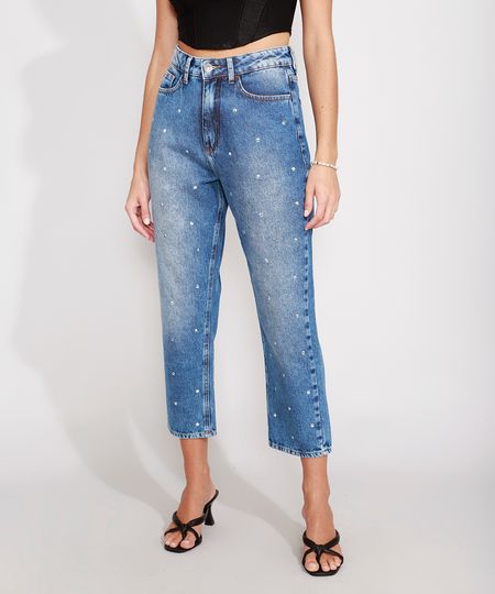 Calca-Jeans-Feminina-Reta-Cintura-Super-Alta-com-Tachas-Azul-Medio-9988929-Azul_Medio_1