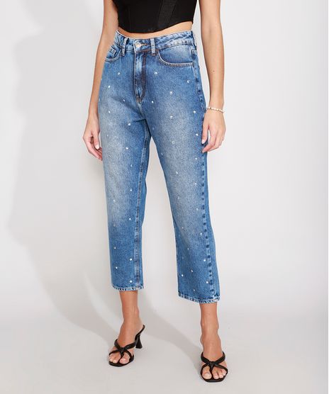 Calca-Jeans-Feminina-Reta-Cintura-Super-Alta-com-Tachas-Azul-Medio-9988929-Azul_Medio_1