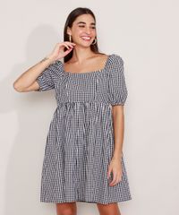 Vestido-de-Algodao-Estampado-Xadrez-Vichy-Curto-Manga-Bufante-Mindset-Preto-9989267-Preto_1
