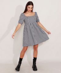 Vestido-de-Algodao-Estampado-Xadrez-Vichy-Curto-Manga-Bufante-Mindset-Preto-9989267-Preto_3