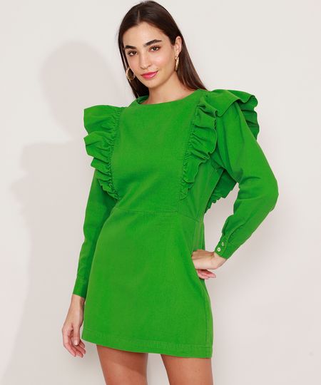Vestido-de-Sarja-com-Babado-Curto-Manga-Longa-Mindset-Verde-9991491-Verde_1