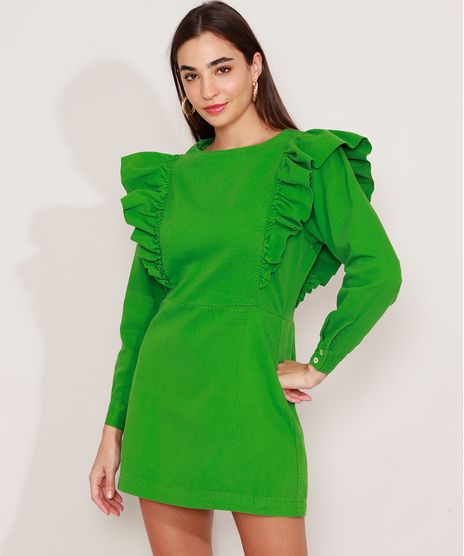 Vestido-de-Sarja-com-Babado-Curto-Manga-Longa-Mindset-Verde-9991491-Verde_1