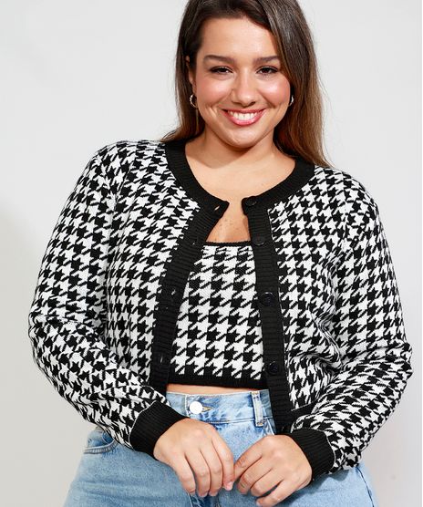 Cardigan-de-Trico-Feminino-Plus-Size-Mindset-Cropped-Estampado-Pied-de-Poule-Decote-Redondo-Preto-9993266-Preto_1