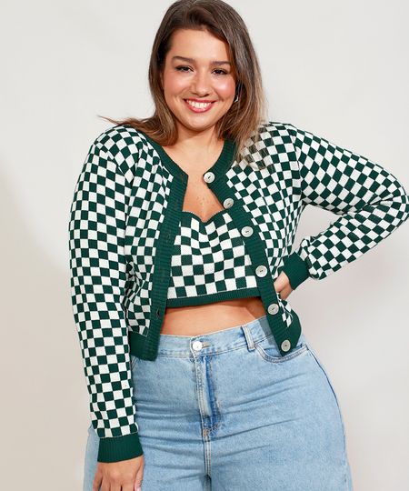 Cardigan-de-Trico-Feminino-Plus-Size-Mindset-Cropped-Estampado-Xadrez-Vichy-Decote-Redondo-Verde-Escuro-9993264-Verde_Escuro_1