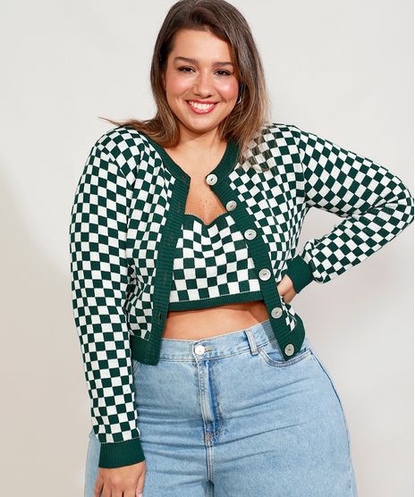 Cardigan-de-Trico-Feminino-Plus-Size-Mindset-Cropped-Estampado-Xadrez-Vichy-Decote-Redondo-Verde-Escuro-9993264-Verde_Escuro_1