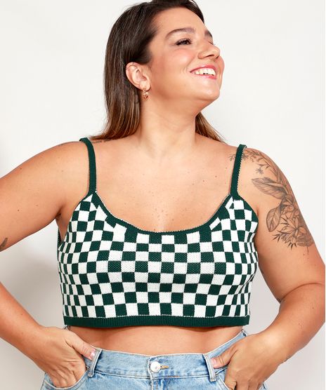 Top-Cropped-de-Trico-Feminino-Plus-Size-Mindset-Estampado-Xadrez-Vichy-Alca-Fina-Decote-Redondo-Verde-Escuro-9993260-Verde_Escuro_1
