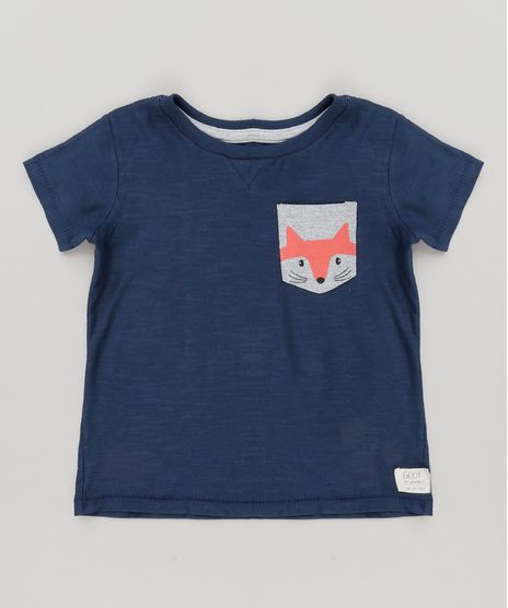 Camiseta-Infantil-com-Bolso-Estampado-Raposa-Manga-Curta-Gola-Careca-em-Algodao---Sustentavel-Azul-Marinho-9133430-Azul_Marinho_1