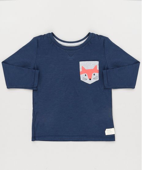 Camiseta-Infantil-com-Bolso-Estampado-Raposa-Manga-Longa-Gola-Careca-em-Algodao---Sustentavel-Azul-Marinho-9133429-Azul_Marinho_1
