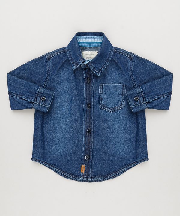 Camisa Jeans Infantil com Bolso Manga Longa Azul Escuro 1