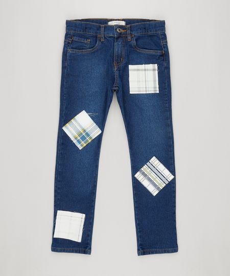 Calca-Jeans-Infantil-com-Retalho-Xadrez-em-Algodao---Sustentavel-Azul-Escuro-9169396-Azul_Escuro_1