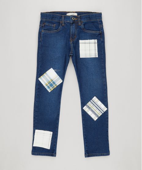 Calca-Jeans-Infantil-com-Retalho-Xadrez-em-Algodao---Sustentavel-Azul-Escuro-9169396-Azul_Escuro_1