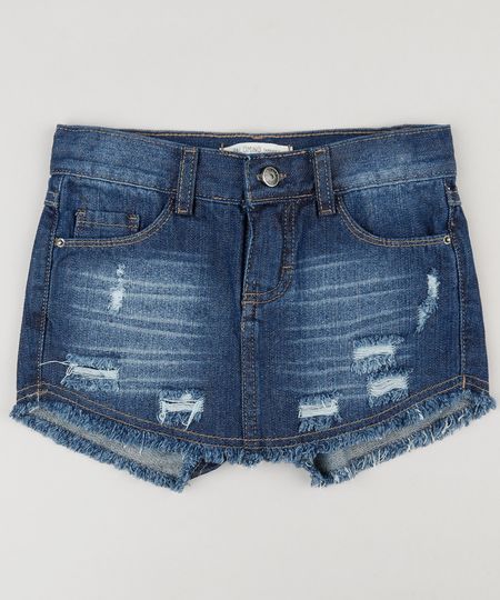 Short Saia Jeans Infantil Destroyed com Barra Desfiada Azul Escuro Menor preço em Short Saia Jeans Infantil Destroyed com Barra Desfiada Azul Escuro
