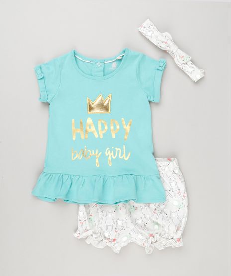 Conjunto-Infantil-de-Blusa--Happy-Baby-Girl--Manga-Curta-Verde---Short-Estampado-de-Coelho---Faixa-de-Cabelo-em-Algodao---Sustentavel-Off-White-8953276-Off_White_1