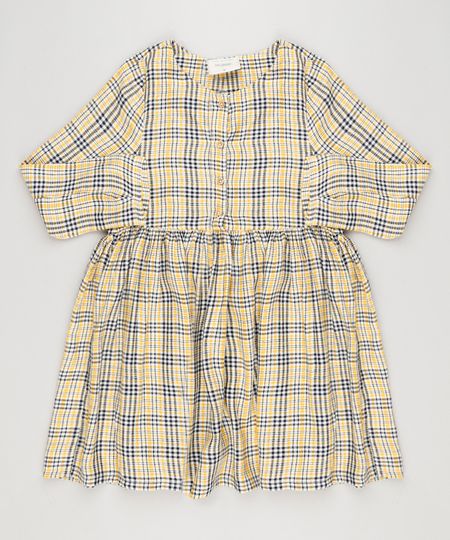 Vestido-Infantil-Xadrez-com-Botoes-Manga-Longa-Decote-Redondo-Amarelo-9033546-Amarelo_1