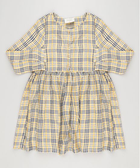 Vestido-Infantil-Xadrez-com-Botoes-Manga-Longa-Decote-Redondo-Amarelo-9033546-Amarelo_1