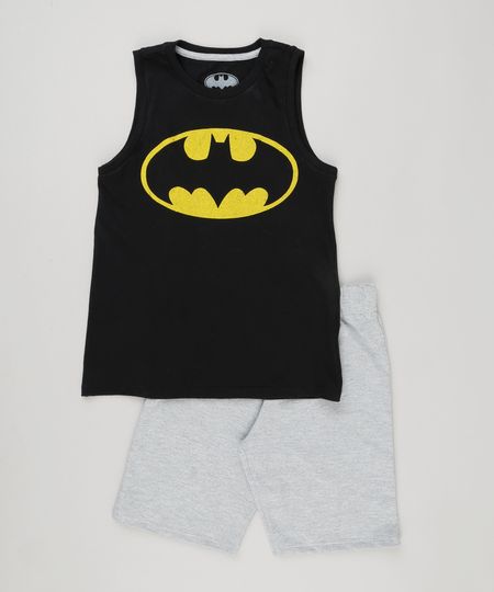 Conjunto Batman de Regata Gola Careca Preta + Bermuda em Moletom Cinza Mescla Menor preço em Conjunto Batman de Regata Gola Careca Preta + Bermuda em Moletom Cinza Mescla
