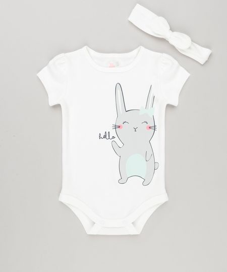 Body-Infantil-com-Estampa-de-Coelho-Manga-Curta-Decote-Redondo---Faixa-de-Cabelo-com-Laco-em-Algodao---Sustentavel-Off-White-8953687-Off_White_1