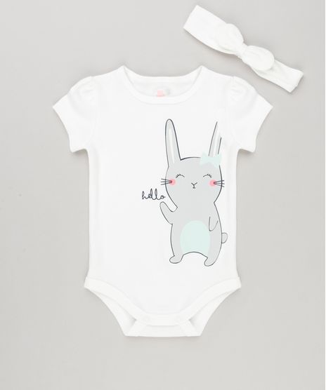 Body-Infantil-com-Estampa-de-Coelho-Manga-Curta-Decote-Redondo---Faixa-de-Cabelo-com-Laco-em-Algodao---Sustentavel-Off-White-8953687-Off_White_1